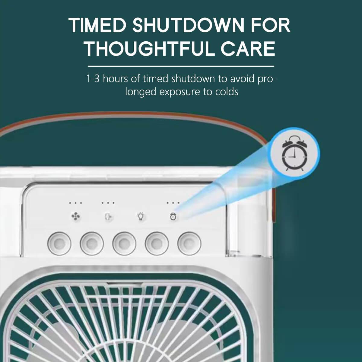 Timed shutdown feature on the portable air conditioner fan, offering 1-3 hour settings to prevent prolonged exposure to cold air.