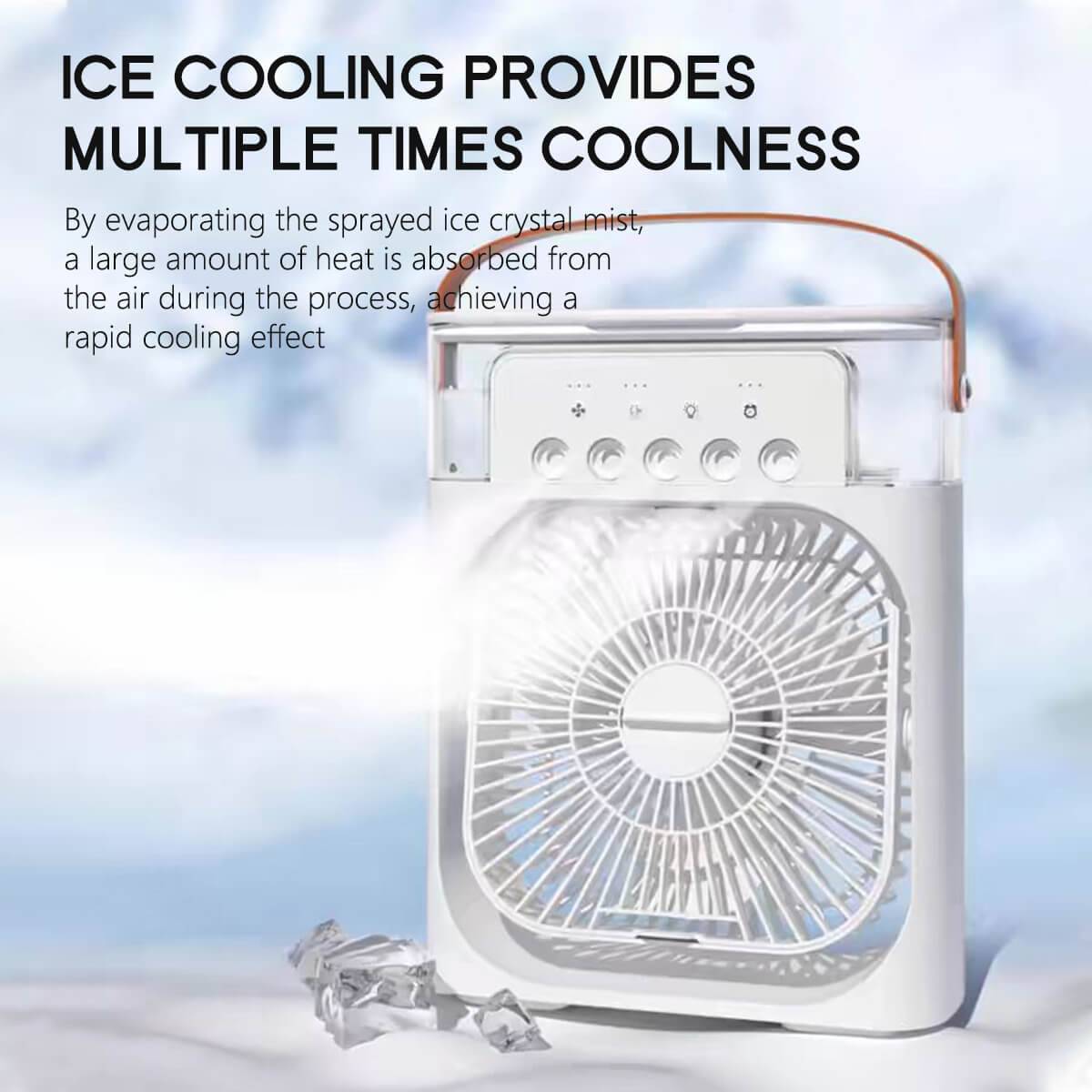 Ice cooling air conditioner fan with water mist spray, designed to absorb heat efficiently for rapid cooling and enhanced comfort.