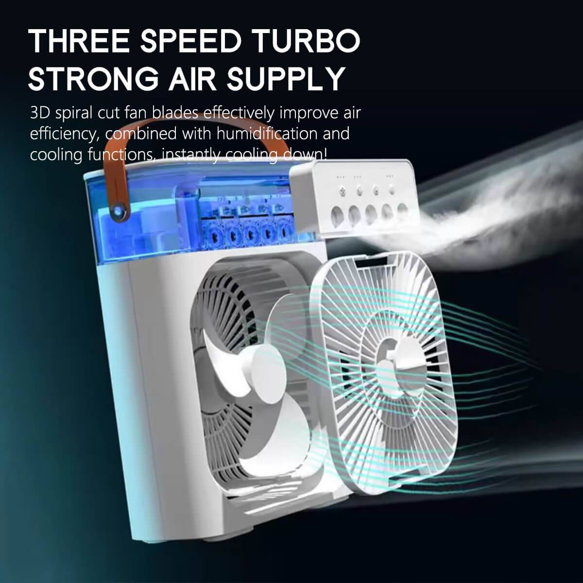 Three-speed turbo air supply fan with 3D spiral cut blades, enhancing airflow efficiency with humidification and cooling functions.