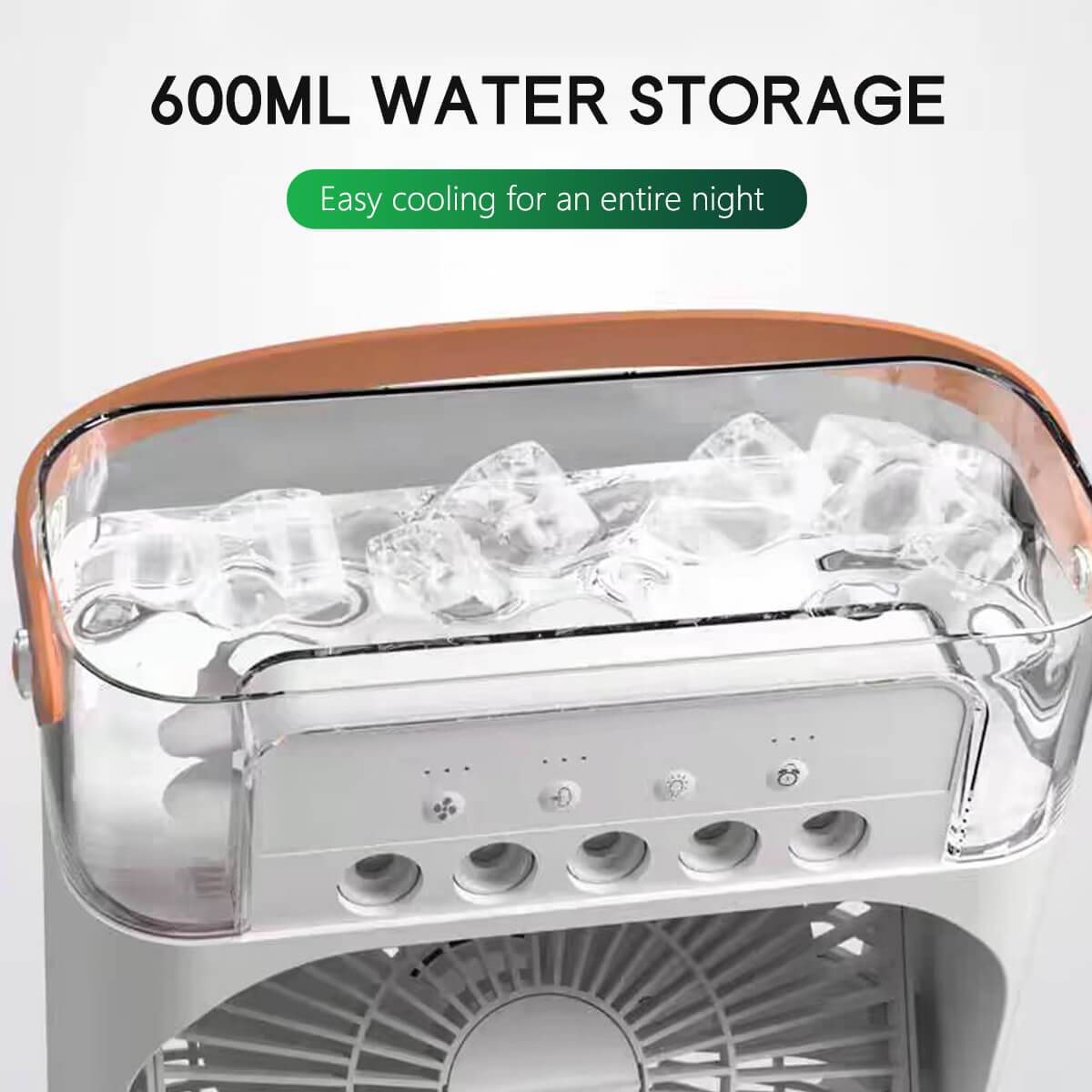 600ml water storage capacity air conditioner fan, allowing for long-lasting cooling with ice cubes for an extended refreshing experience.