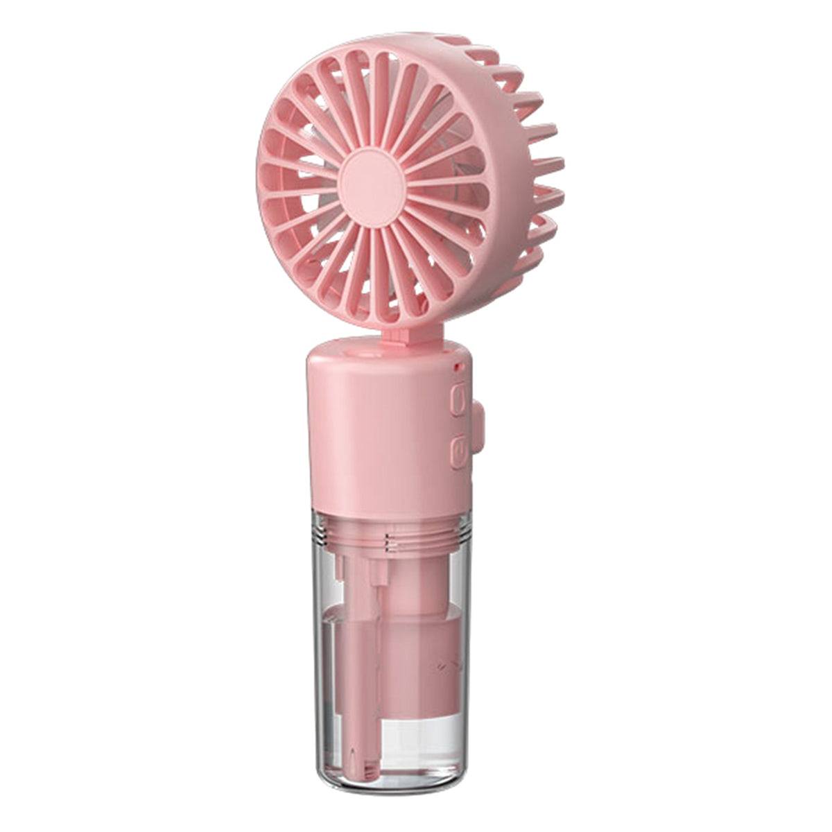F2 Portable Handheld Misting Fan in pink with a transparent water tank for cooling mist. Rechargeable and compact for on-the-go use.