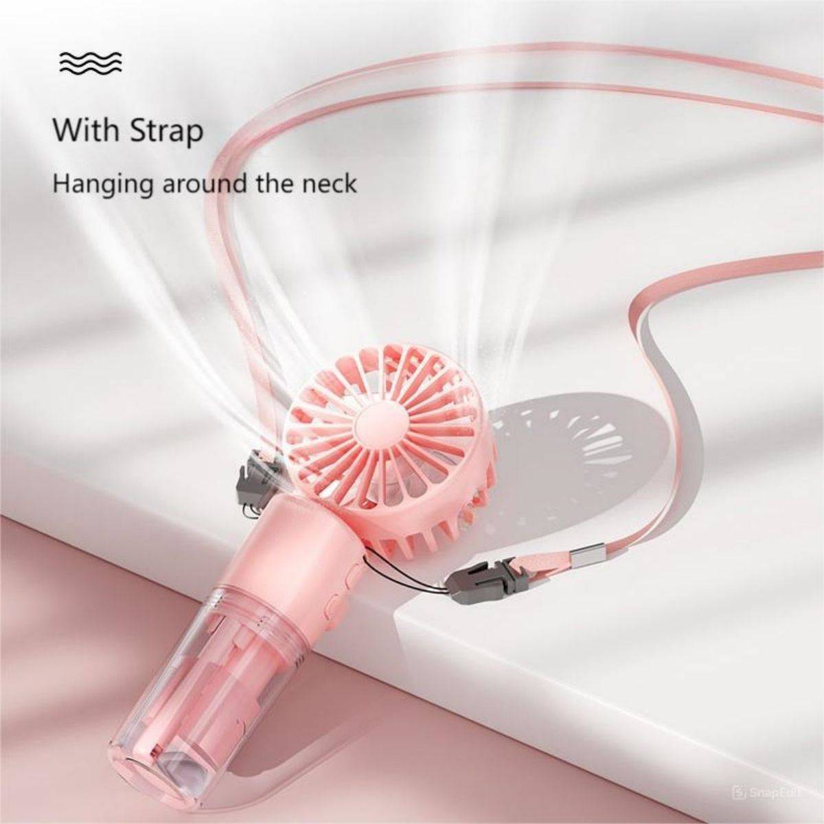 Handheld misting fan with a strap for hanging around the neck. Ideal for hands-free cooling during outdoor activities and travel.