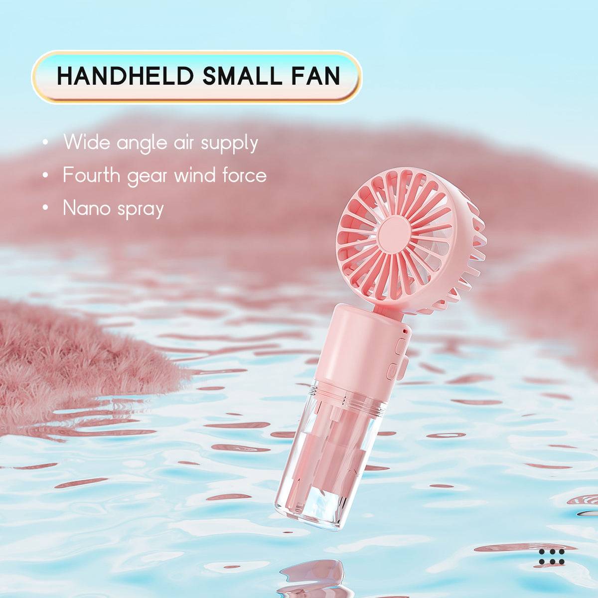 Handheld small fan with wide-angle air supply, four-speed wind force, and nano spray for enhanced cooling and comfort.