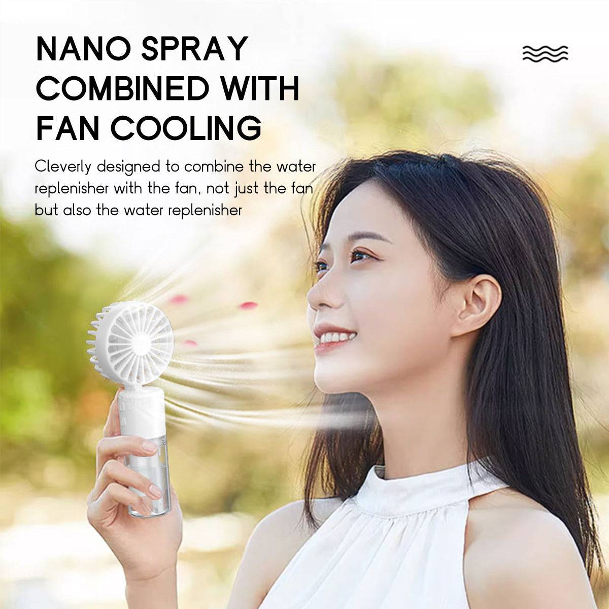 Nano spray misting fan combining water replenishment with cooling airflow. Perfect for refreshing hydration and comfort on hot days.
