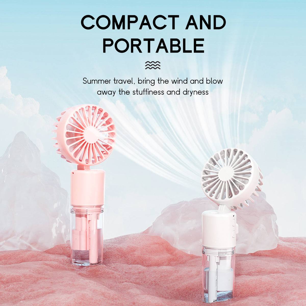 Compact and portable misting fan in pink and white, designed for summer travel to provide cooling relief from heat and dryness.