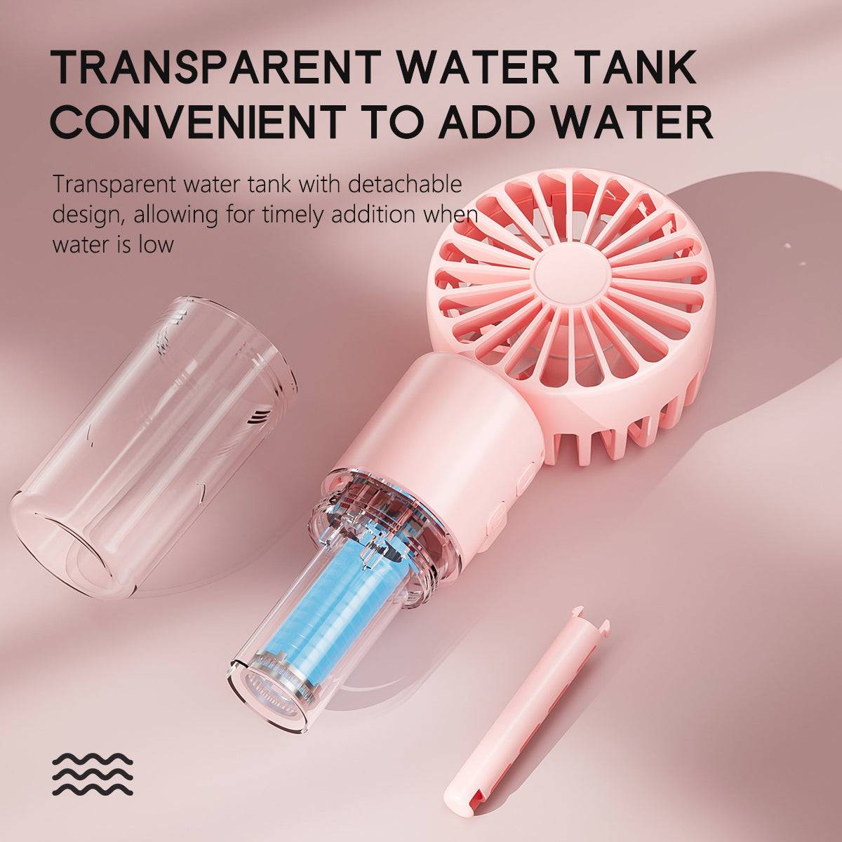 Transparent water tank with a detachable design for easy refilling. Convenient and efficient for continuous misting and cooling.