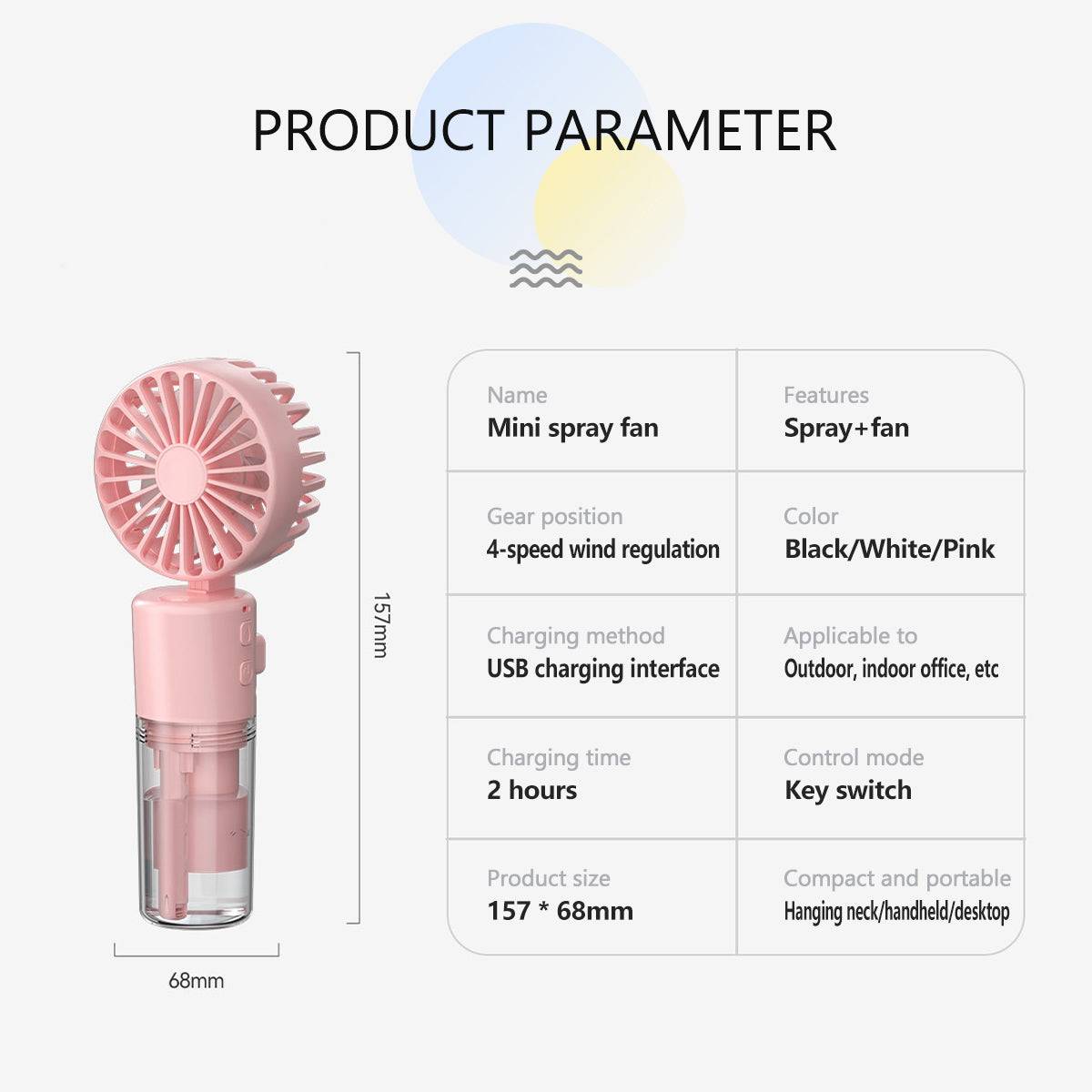 Product parameters of the F2 Portable Handheld Misting Fan, including size, charging time, features, and usage options.