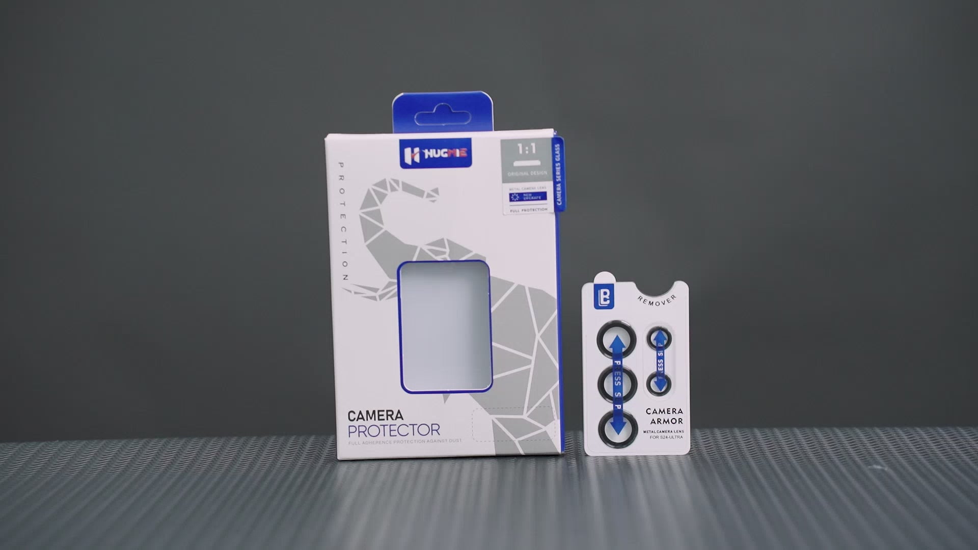 Hugmie Metal Camera Protector packaging with included camera armor for Samsung, ensuring premium protection and easy application.