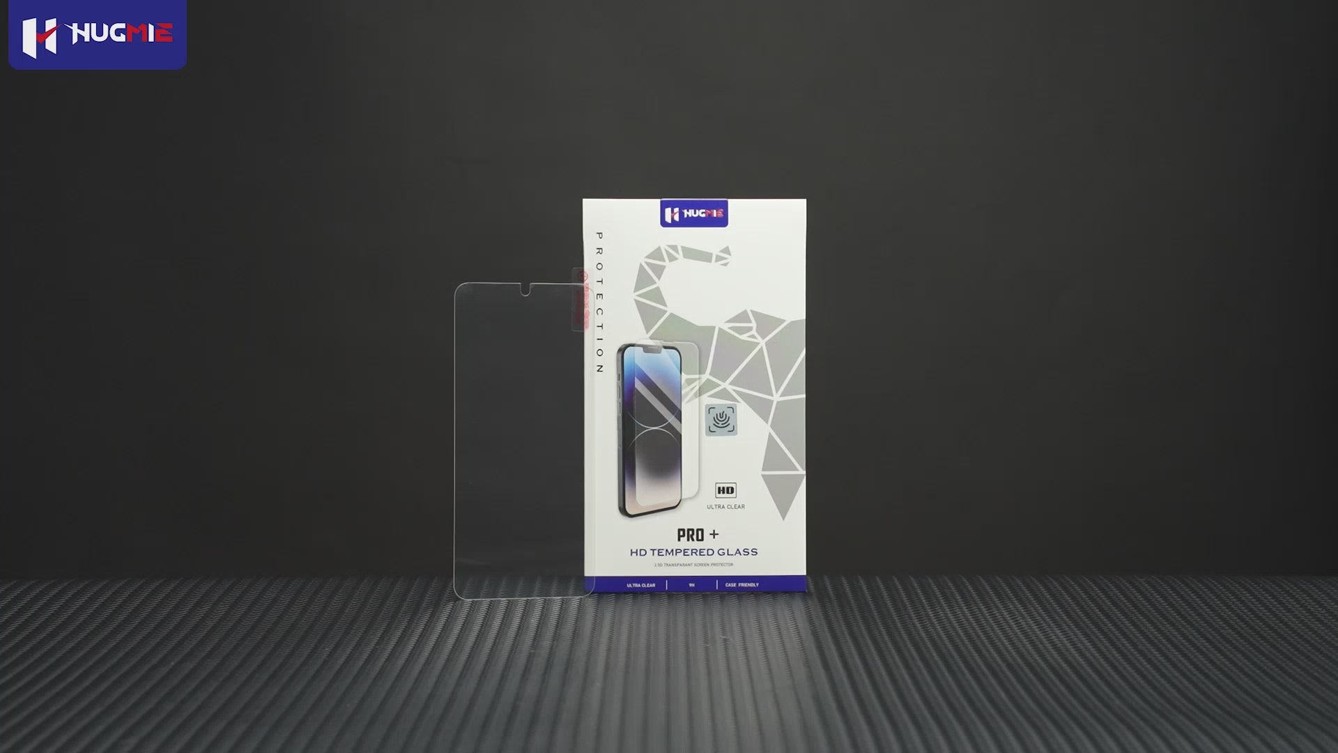 Hugmie Pro+ HD tempered glass screen protector packaging for Samsung. Premium protection with high transparency and anti-fingerprint coating.