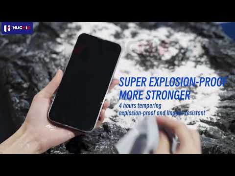 Hugmie Dustproof Glass Screen Protector video showcasing its explosion-proof and impact-resistant features.