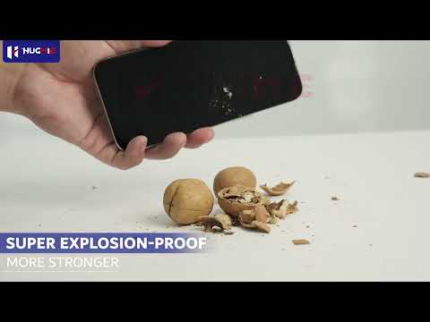 Durability test of Hugmie Matte Glass Screen Protector showing explosion-proof strength by cracking walnuts with an iPhone 16 screen.