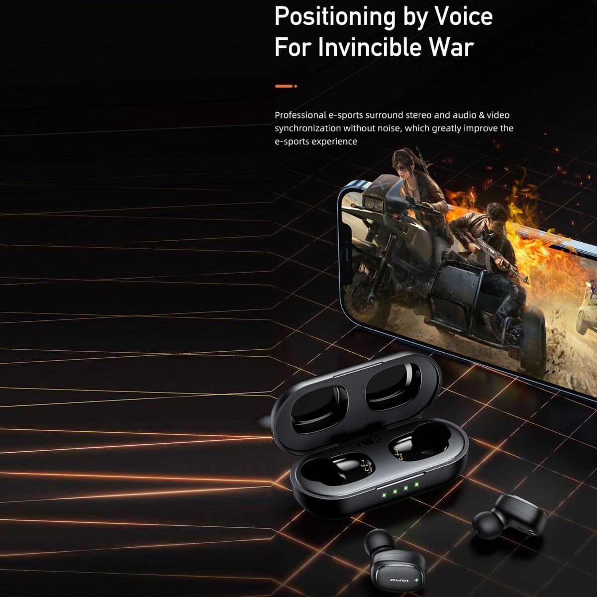 AWEI T13 Pro Earbuds with gaming mode. Provides surround stereo sound and audio-video synchronization for an enhanced e-sports experience.