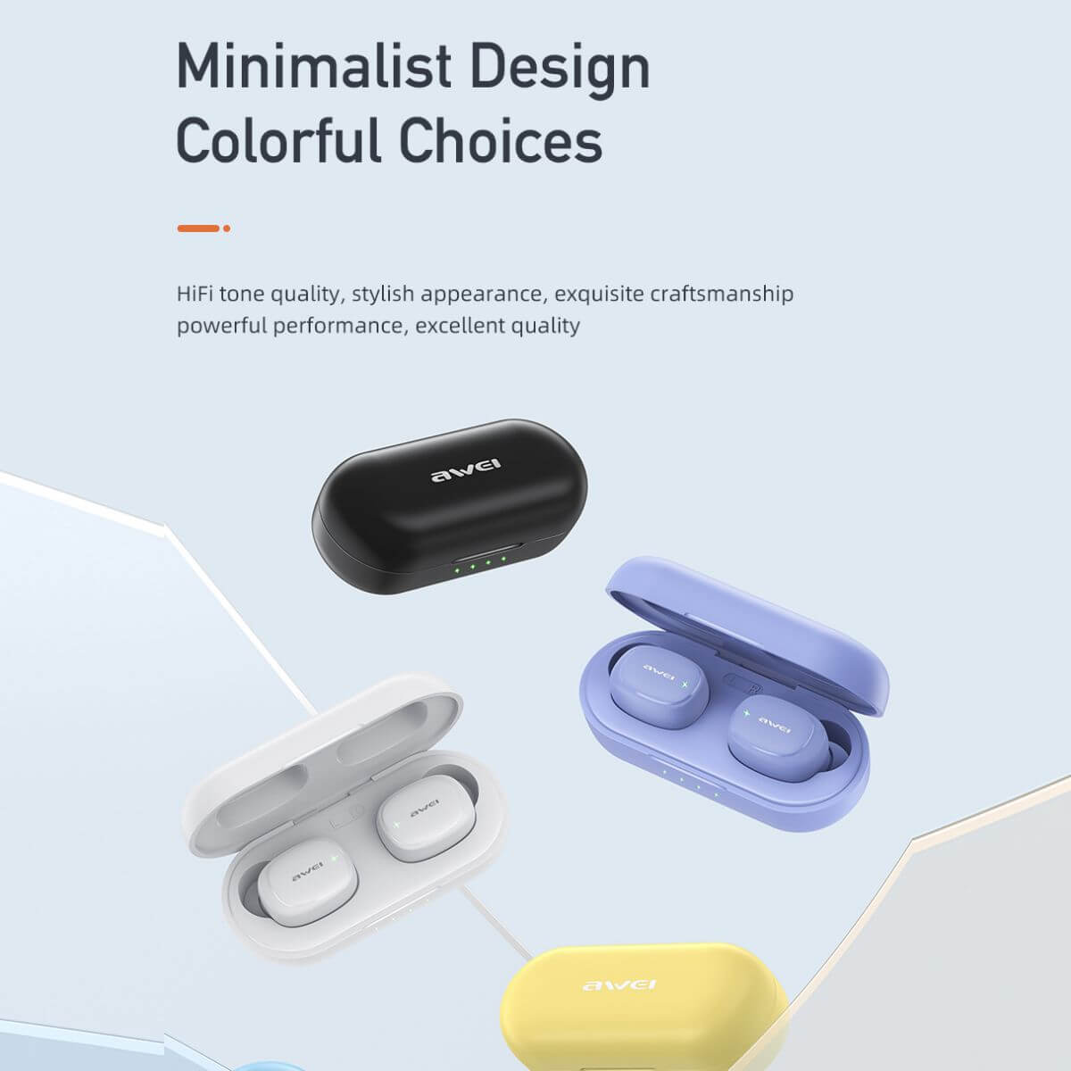 AWEI T13 Pro Earbuds in multiple colors. Minimalist design with HiFi sound quality, stylish appearance, and excellent craftsmanship.