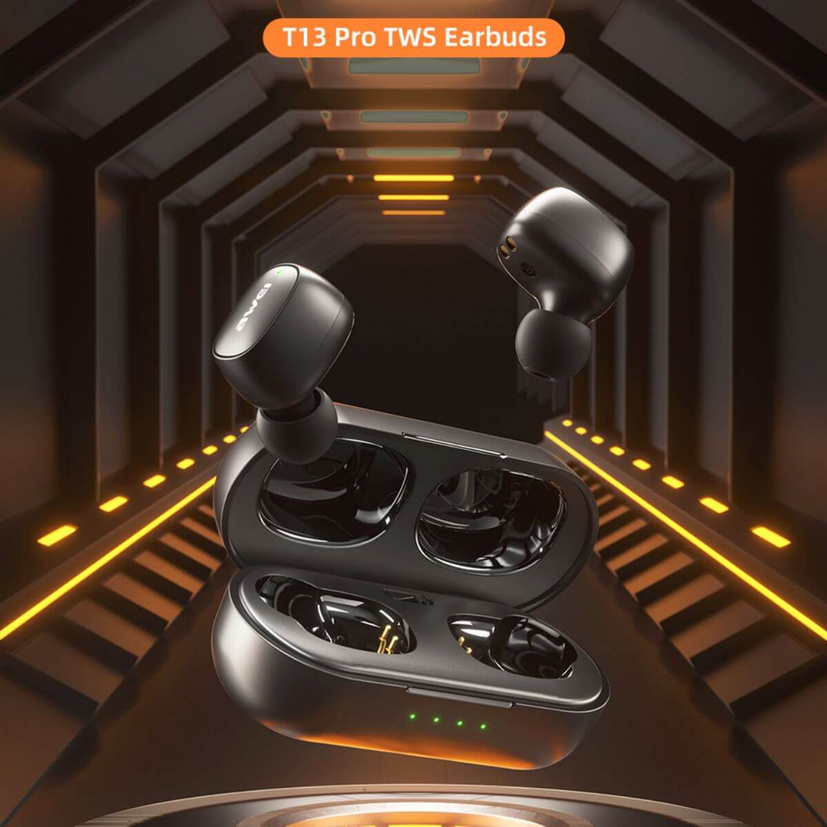 AWEI T13 Pro TWS Earbuds floating in a futuristic tunnel. Designed for immersive audio, gaming, and seamless Bluetooth 5.1 connectivity.