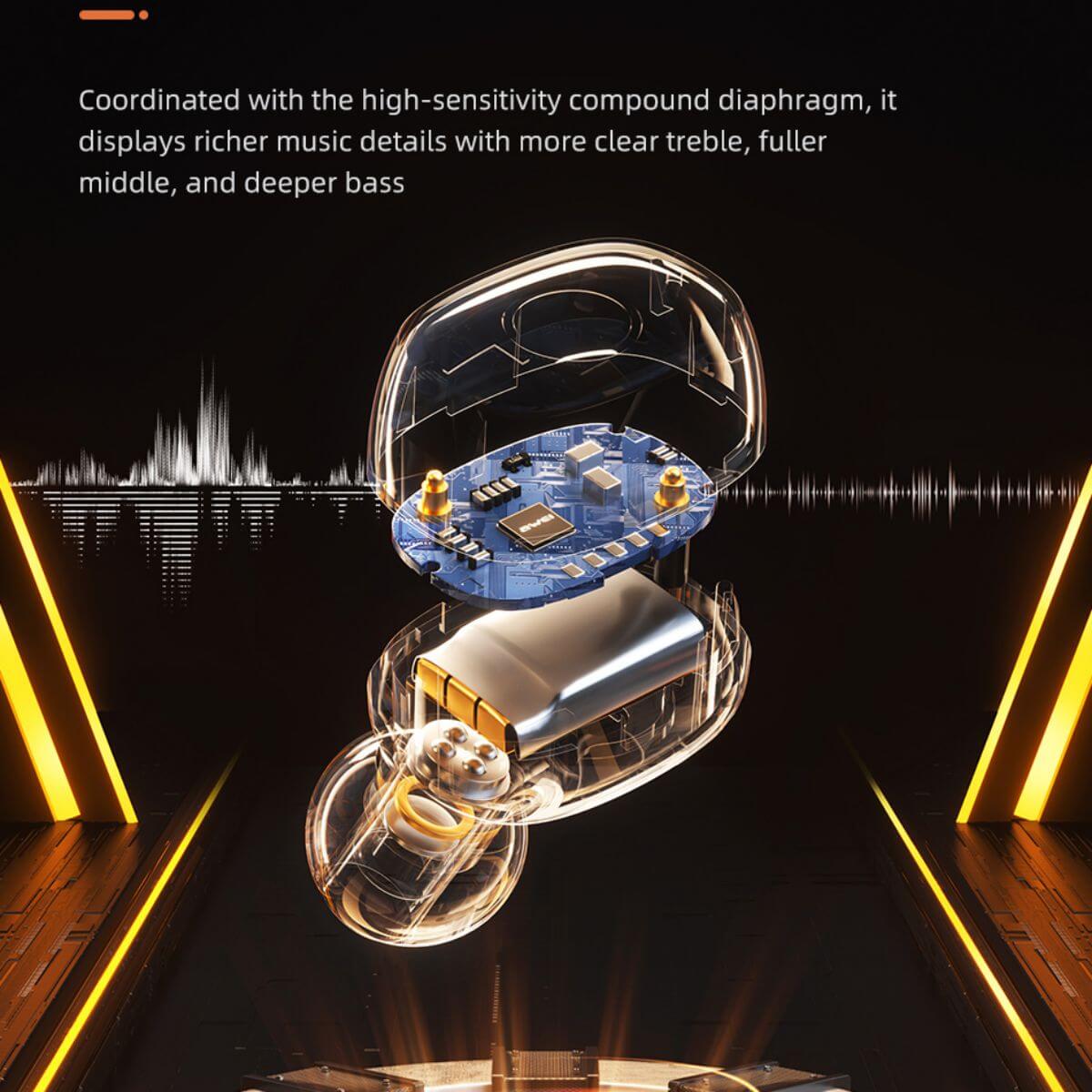 Exploded view of AWEI T13 Pro Earbuds showcasing internal components. High-sensitivity diaphragm delivers rich bass and clear treble.