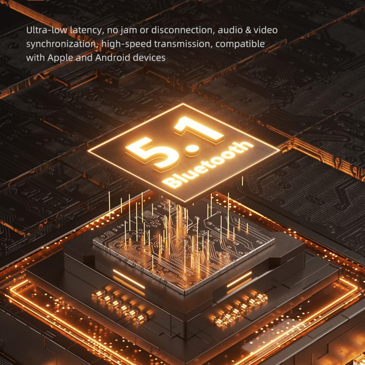 AWEI T13 Pro Bluetooth 5.1 chipset illustration. Ensures ultra-low latency, stable connection, and compatibility with Apple and Android.