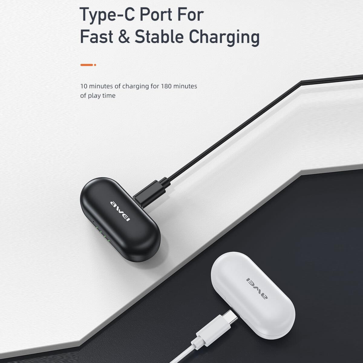 AWEI T13 Pro Earbuds with Type-C fast charging. 10 minutes of charging provides 180 minutes of playtime for uninterrupted music.