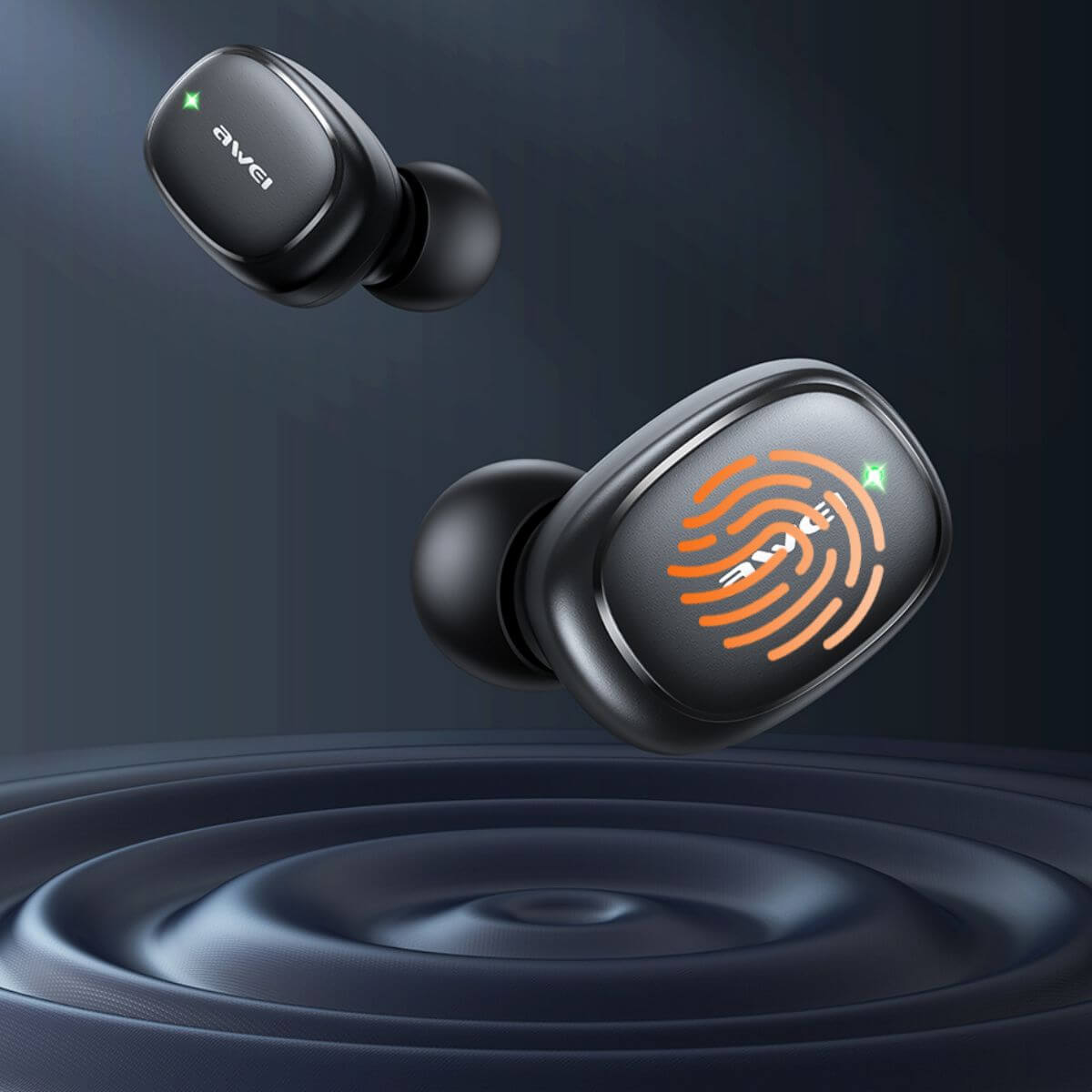 AWEI T13 Pro Earbuds with fingerprint touch control. Enjoy seamless operation with intuitive touch gestures for music and calls.