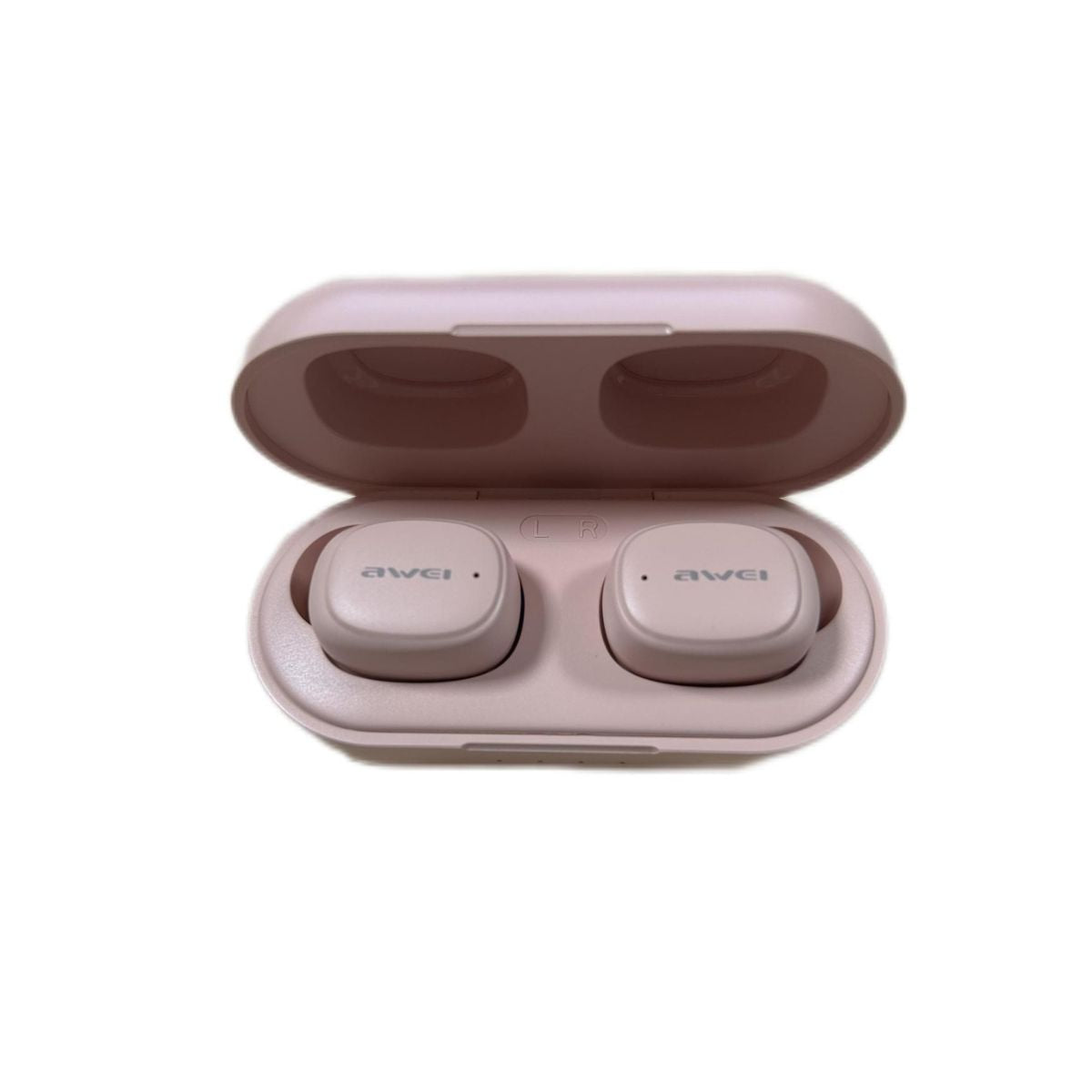 AWEI T13 Pro Bluetooth TWS Earbuds in pink with charging case. Experience HiFi sound, IPX6 waterproof rating, and 300H standby time.