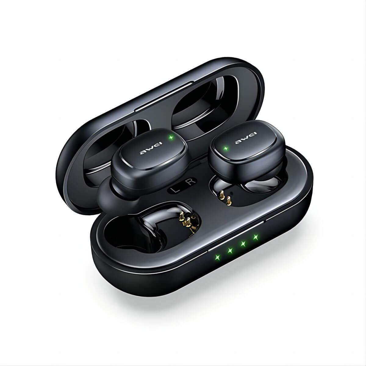 AWEI T13 Pro Bluetooth TWS Earbuds in black with open charging case. Features HiFi lossless music, touch control, and ergonomic fit.