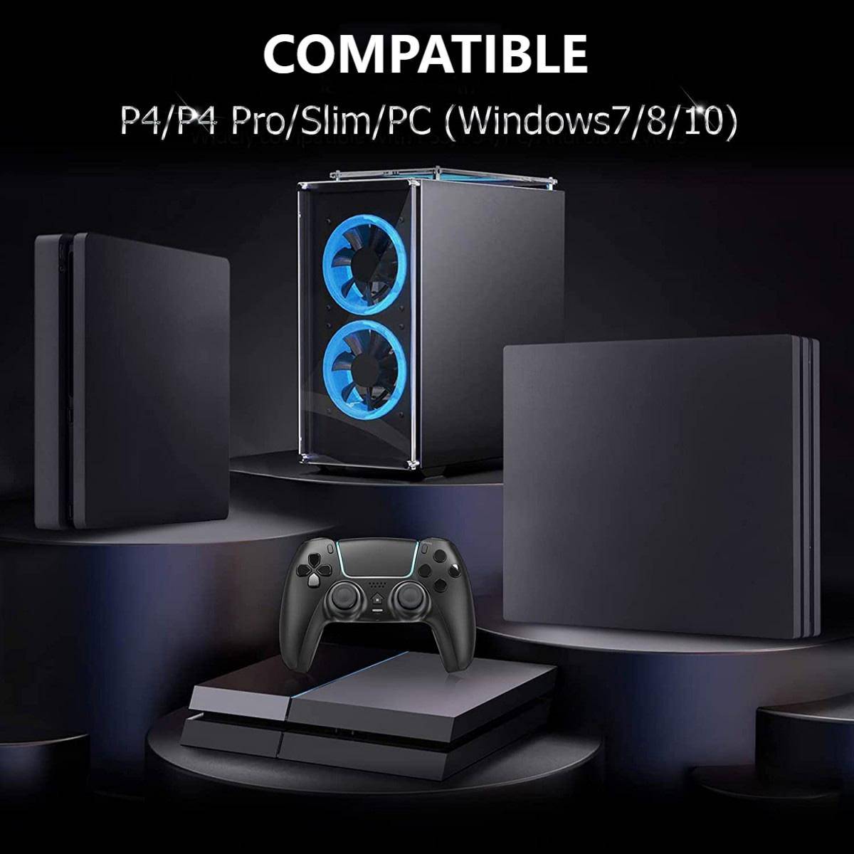 T28 Dual Shock PS4 Wireless Controller compatible with PS4, PS4 Pro, PS4 Slim, and PC, ensuring versatile gaming support.