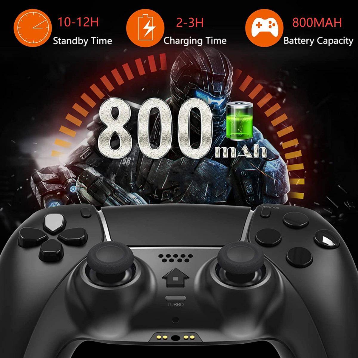 T28 Dual Shock PS4 Wireless Controller with an 800mAh battery, offering 10-12 hours of standby time and 2-3 hours of charging time.