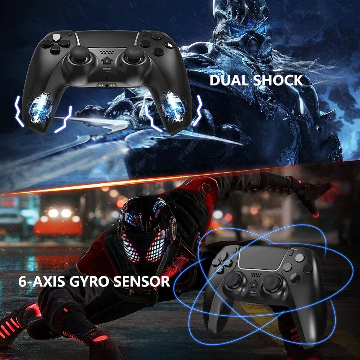 T28 Dual Shock PS4 Wireless Controller with dual shock vibration and 6-axis gyro sensor for an enhanced gaming experience.