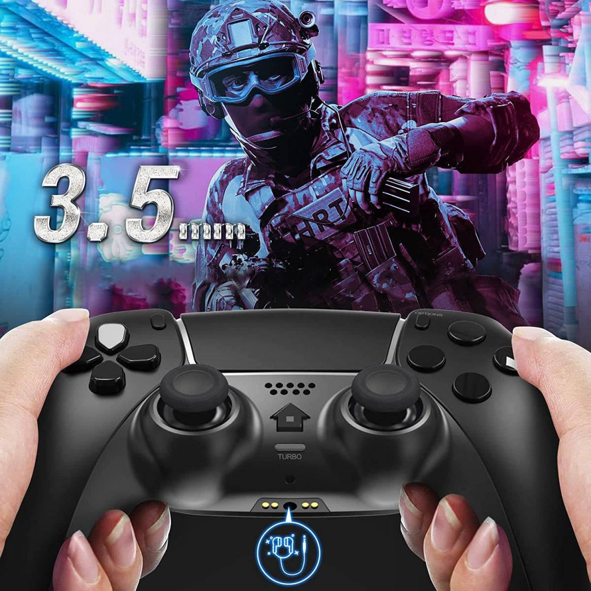 T28 Dual Shock PS4 Wireless Controller with a 3.5mm audio jack, allowing players to connect headphones for an immersive sound experience.
