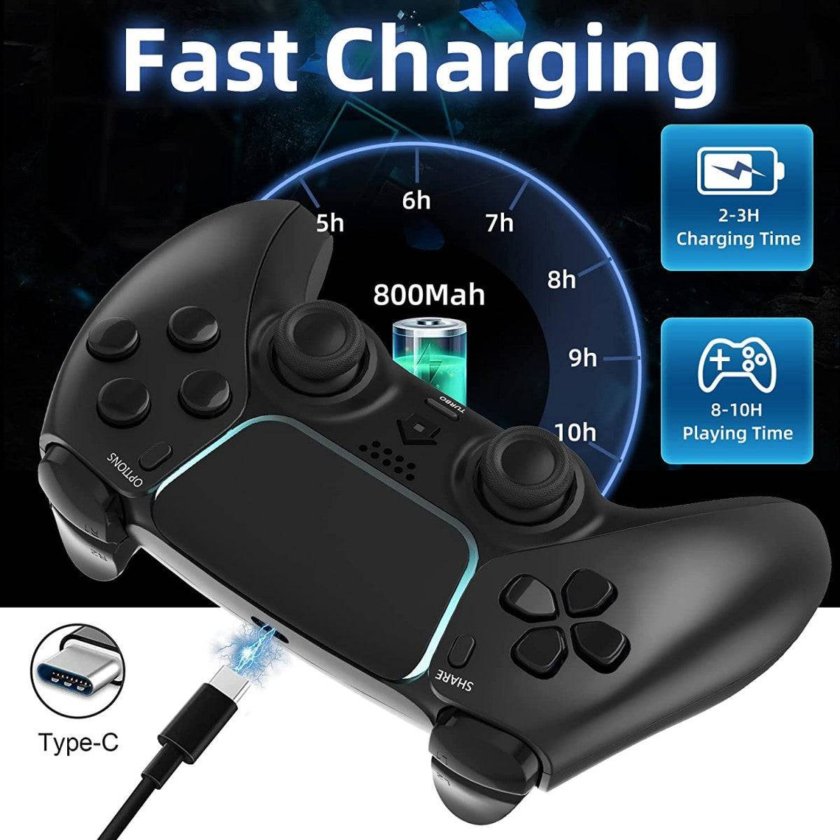 T28 Dual Shock PS4 Wireless Controller with fast charging capability, featuring an 800mAh battery for extended gaming sessions.