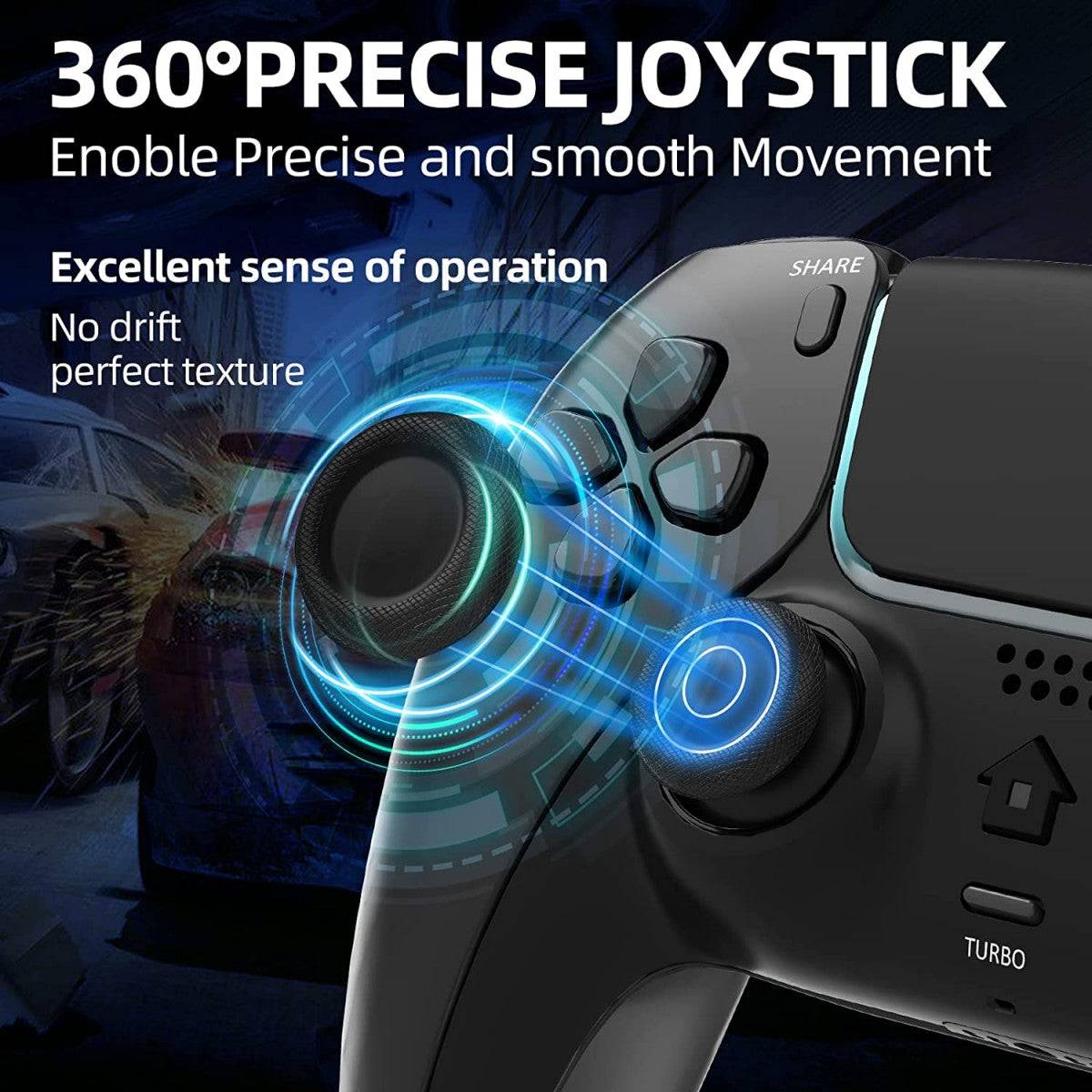 Close-up of the T28 Dual Shock PS4 Wireless Controller's 360-degree precise joystick, ensuring smooth and accurate movement control.