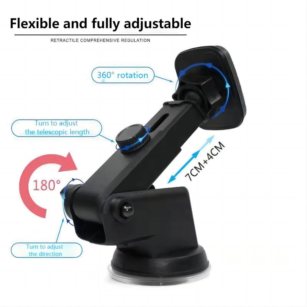 Flexible and fully adjustable UN-22 Magnetic Car Phone Holder with 360-degree rotation and telescopic extension.