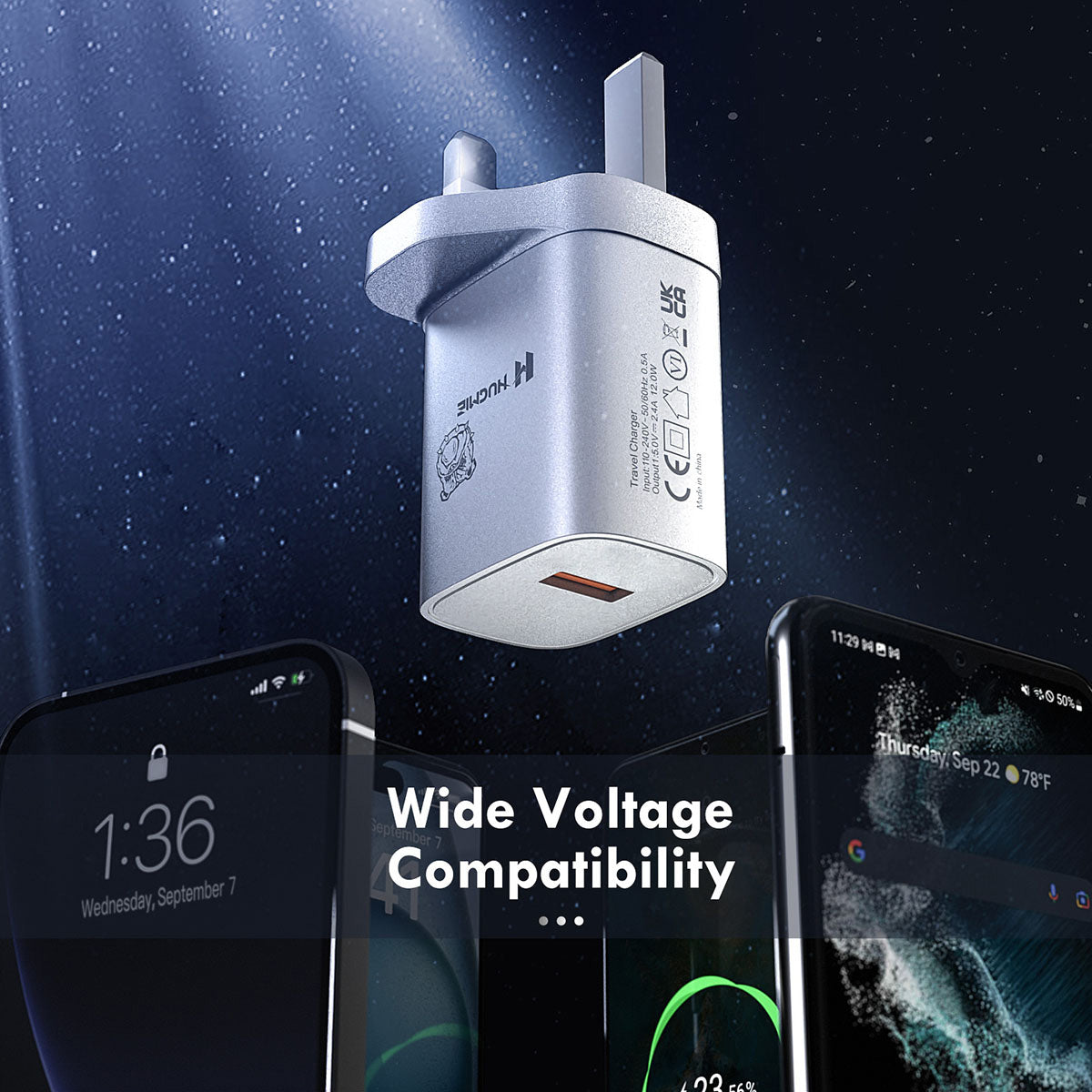 Hugmie HP-C12 USB Wall Charger with 1M Type-C Cable shown with wide voltage compatibility, surrounded by smartphones in a tech-themed background.