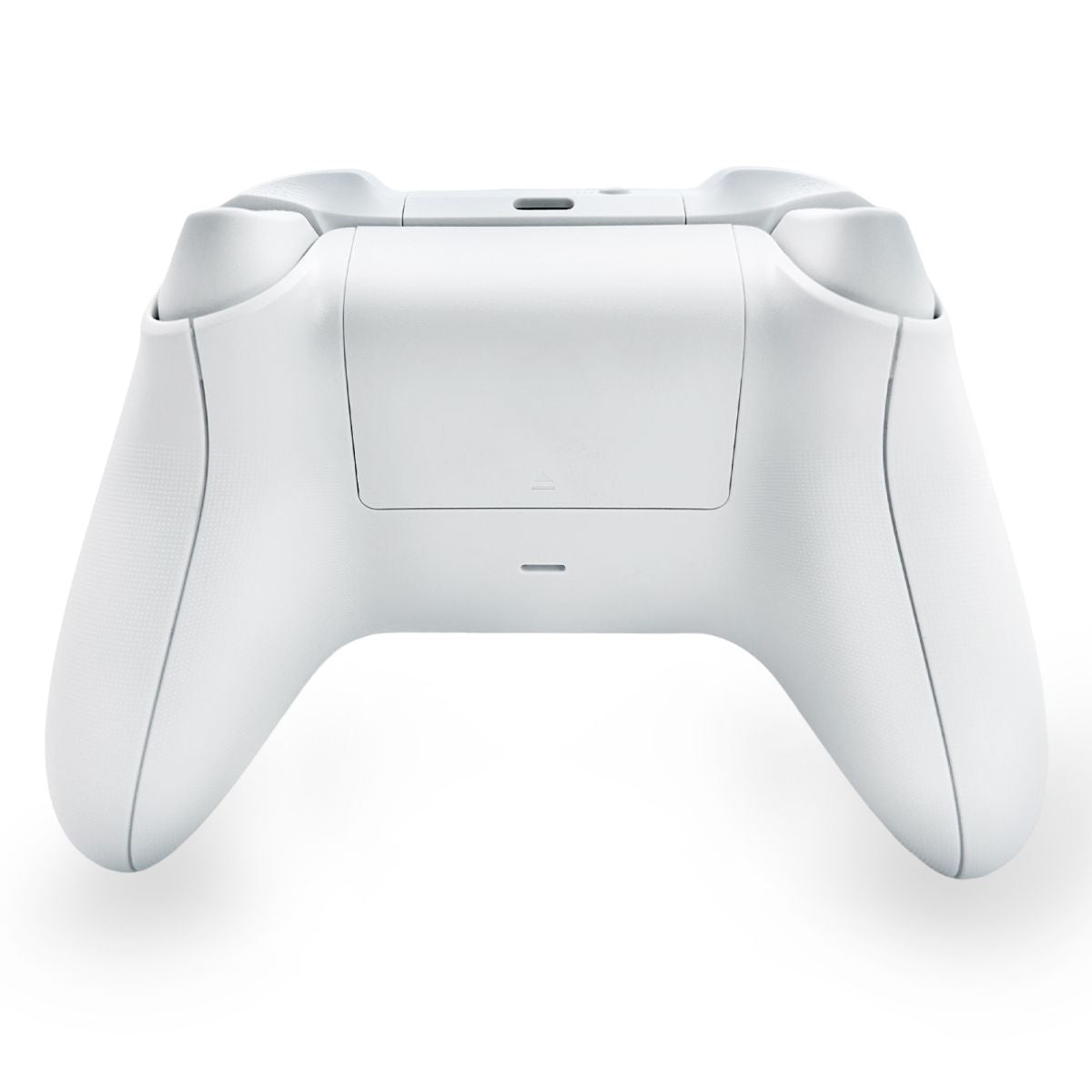 Rear view of the WR007 Xbox Wireless Controller in white, showcasing its ergonomic design and battery compartment for extended playtime.