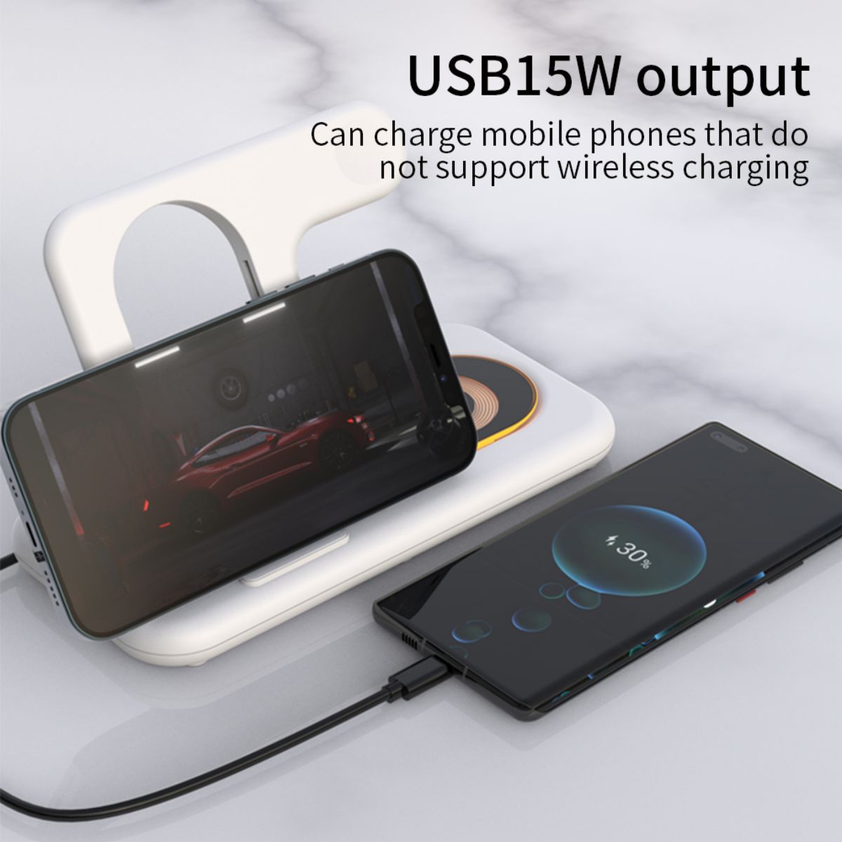 USB 15W output feature on the Y36 6 in 1 Folding Wireless Charger, enabling wired charging for non-wireless mobile devices.
