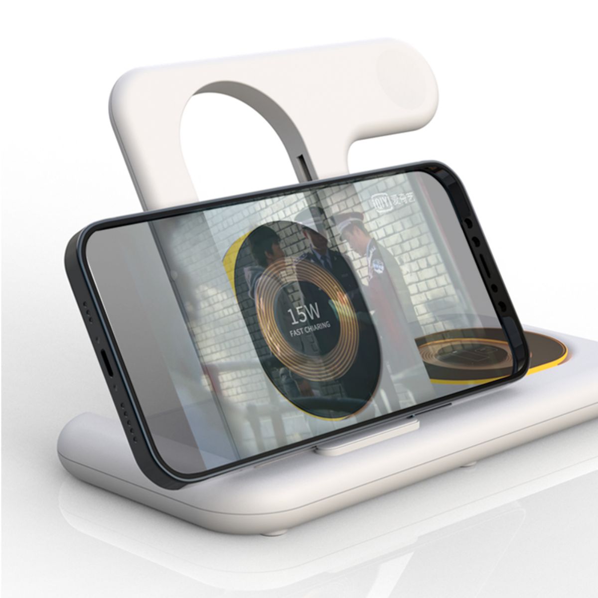 Y36 6 in 1 15W Folding Wireless Charger in white, supporting horizontal phone charging for media viewing while powering up.