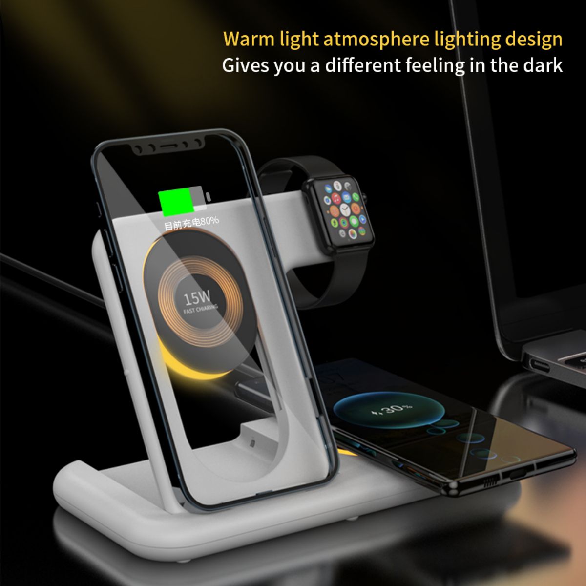 Warm light ambient lighting design on the Y36 6 in 1 15W Folding Wireless Charger, enhancing the charging experience in dark settings.