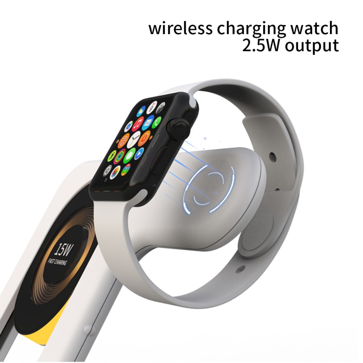 Wireless charging feature for smartwatches with 2.5W output on the Y36 6 in 1 15W Folding Wireless Charger in white.