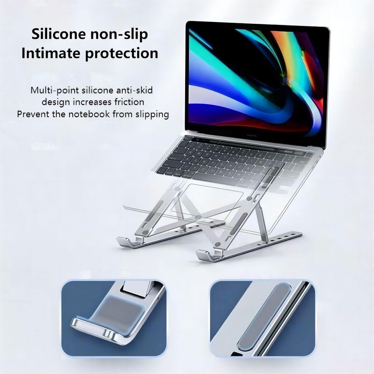 Foldable Z34 Laptop Stand with silicone anti-slip protection. Ensures secure grip and prevents slipping for laptops and tablets.
