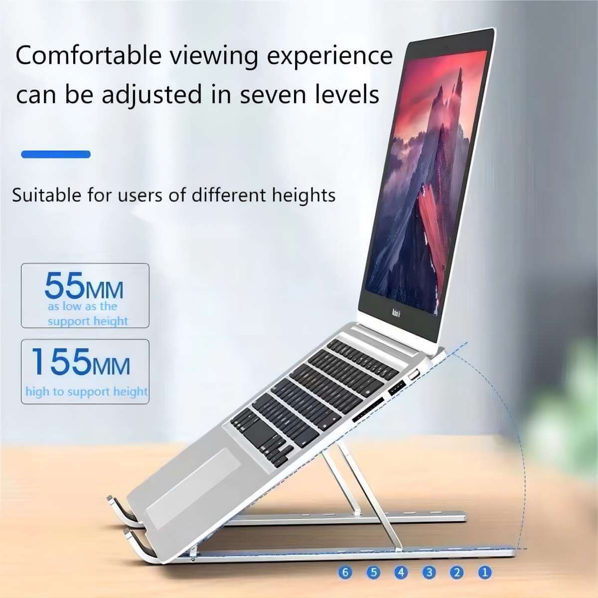 Adjustable Z34 Portable Laptop Stand with seven-level height adjustment. Enhances comfort and reduces strain for different user heights.