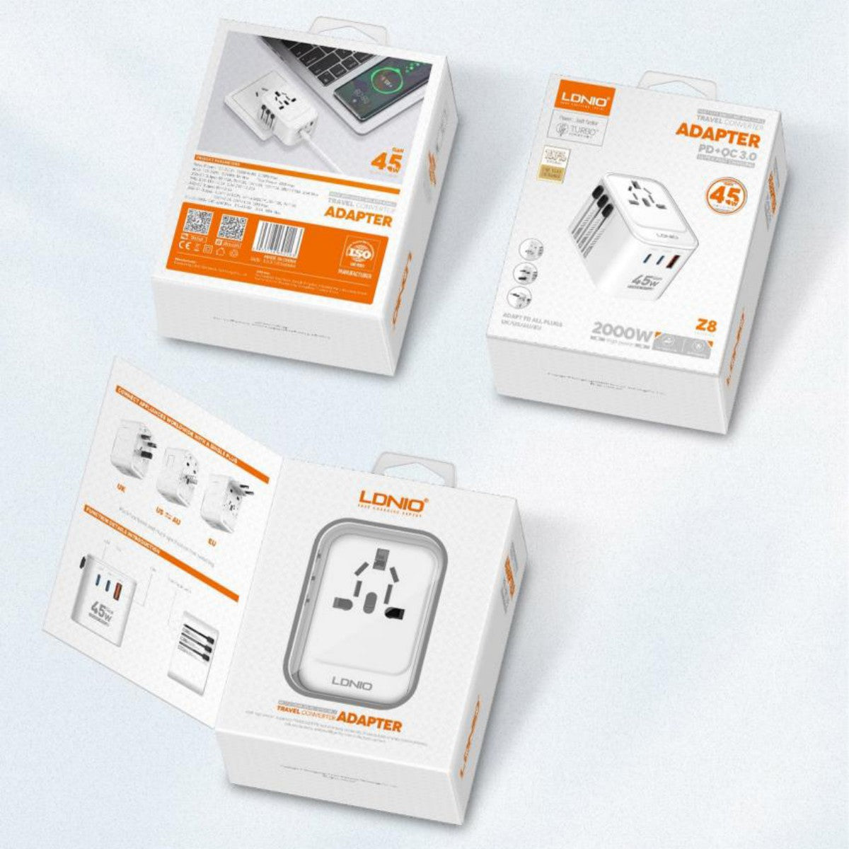 LDNIO Z8 45W GaN Travel Adapter retail packaging showing compact design, plug types, and product specifications for global travelers.