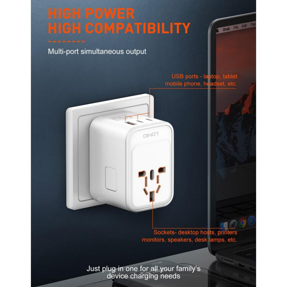 LDNIO Z8 45W GaN Travel Adapter plugged into wall socket, powering multiple devices with high compatibility and multi-port output.