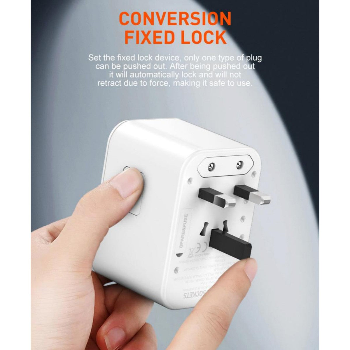 LDNIO Z8 45W Adapter with conversion fixed lock for secure plug switching, ensuring safe use during international travel.