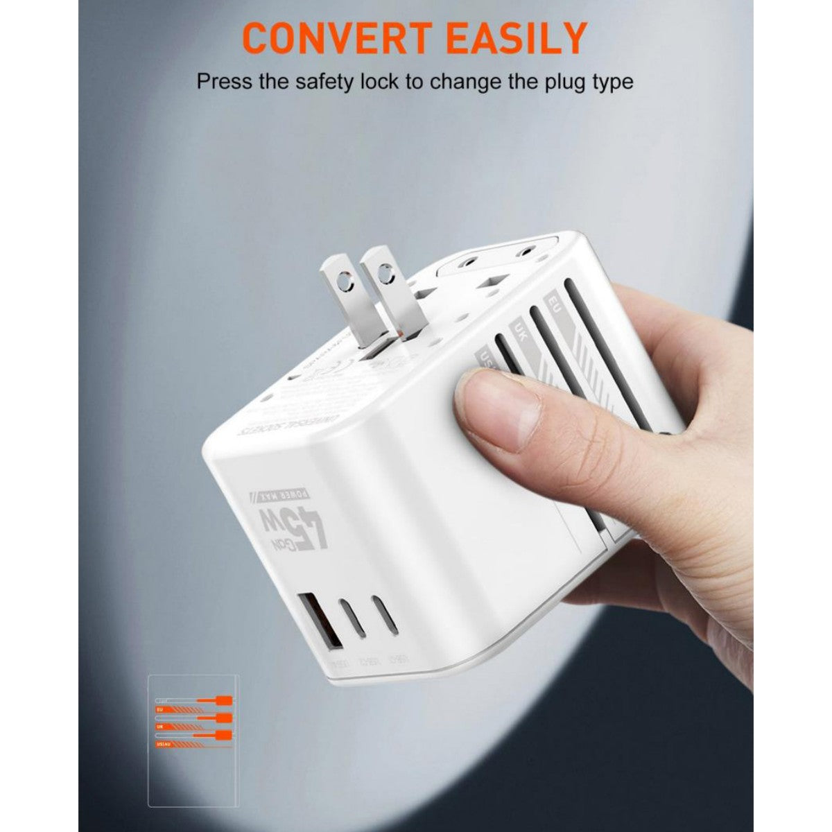 LDNIO Z8 45W GaN Adapter with safety lock mechanism for easy plug type conversion, enhancing travel convenience and safety.