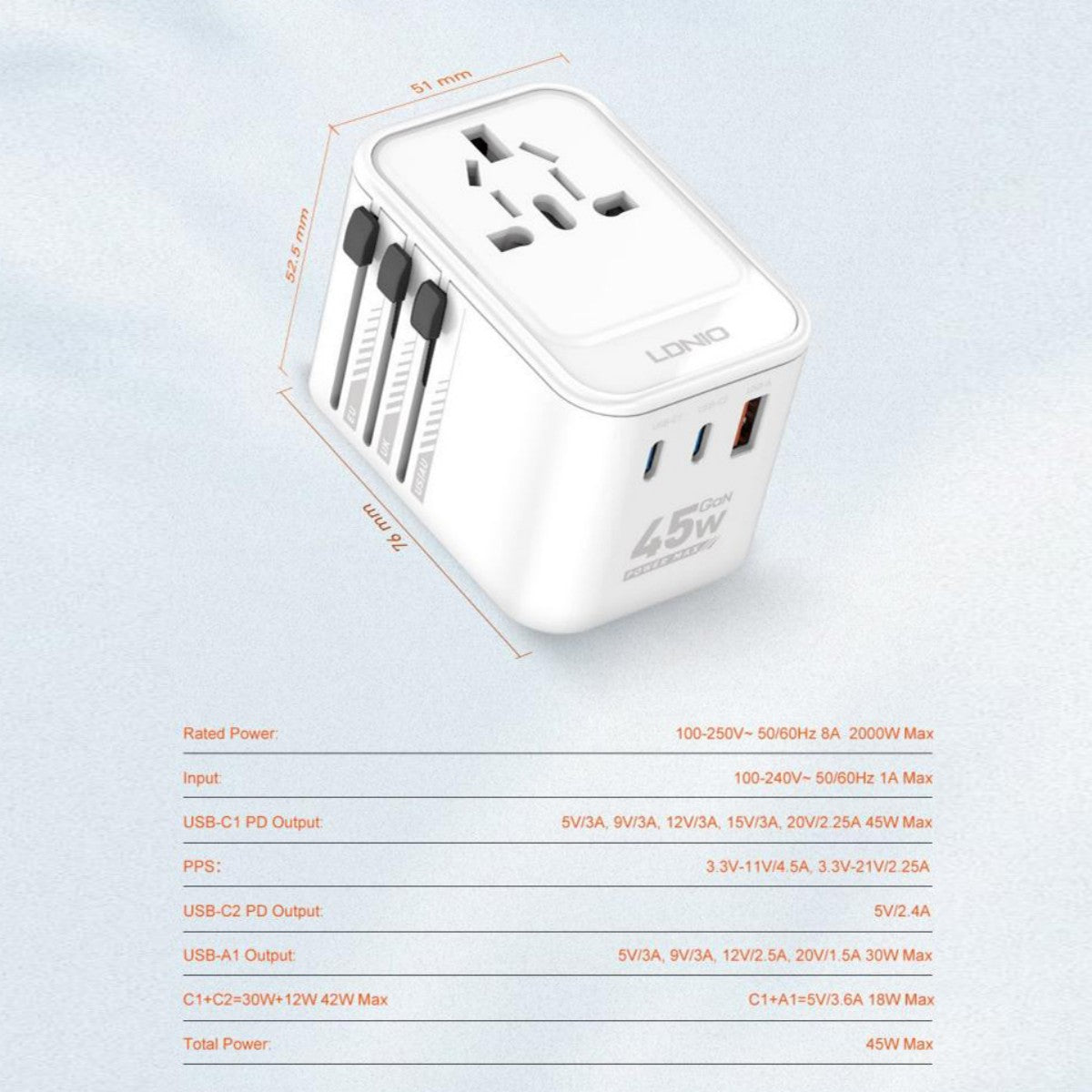 LDNIO Z8 45W GaN Travel Adapter technical specifications including voltage, output power, and port configuration for global use.