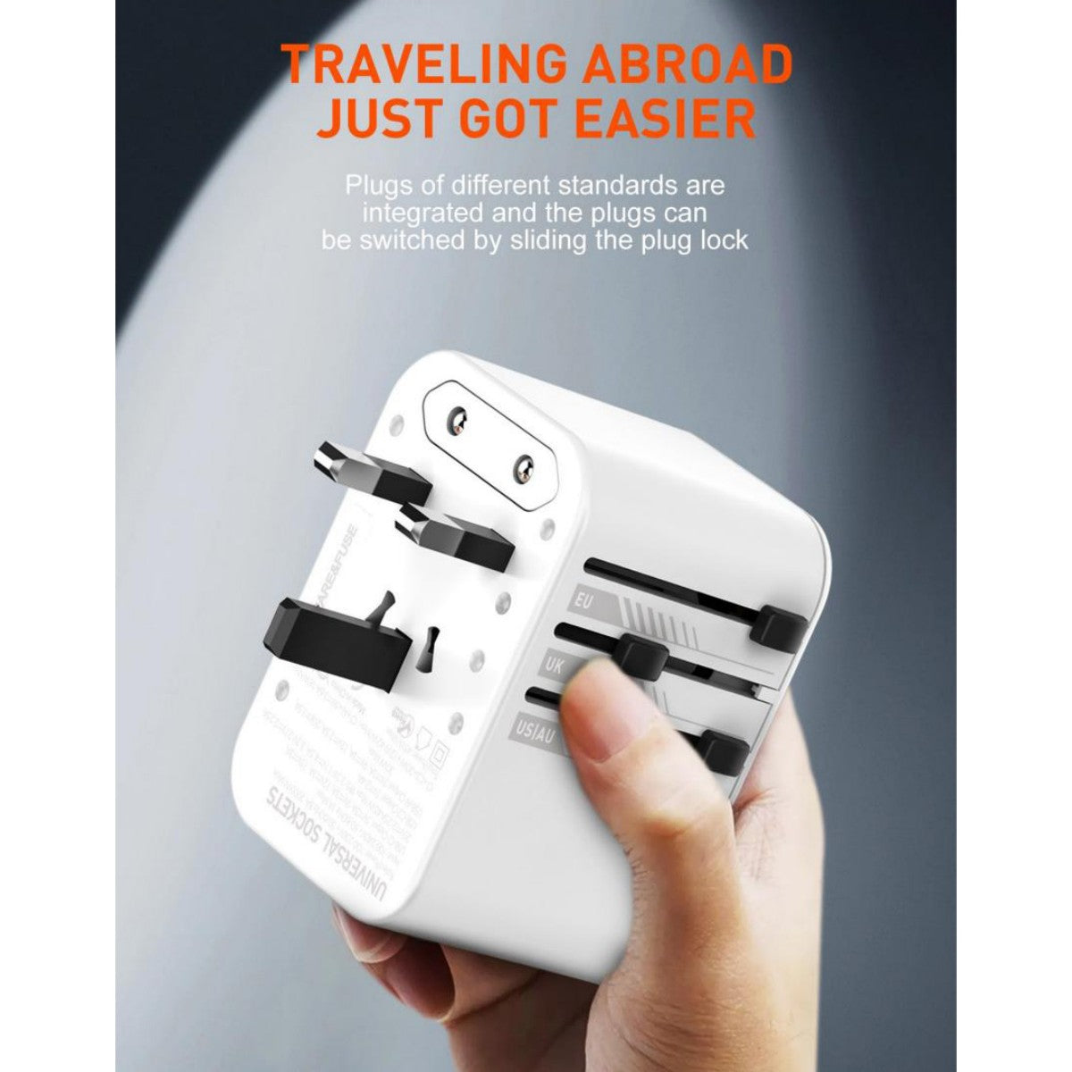 LDNIO Z8 45W Travel Adapter with integrated EU, UK, US, and AU plugs, easily switchable for international travel convenience.