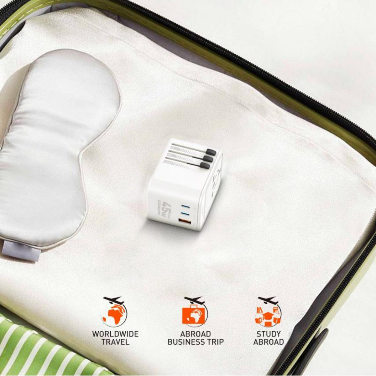 LDNIO Z8 45W GaN Travel Adapter packed in a suitcase, perfect for worldwide travel, business trips, and study abroad use.