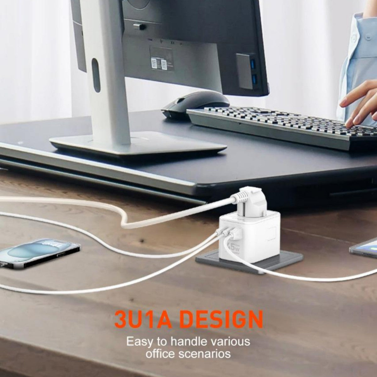 LDNIO Z8 45W GaN Adapter powering multiple devices in an office setup with 3U1A design for efficient workspace charging.