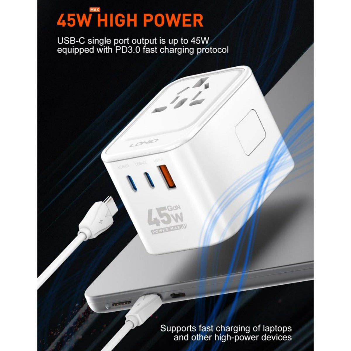 LDNIO Z8 45W GaN Adapter supports PD3.0 fast charging, ideal for laptops and high-power devices with single USB-C port output.
