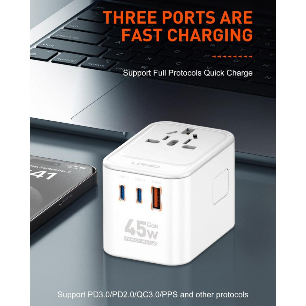 LDNIO Z8 45W GaN Adapter with 3 fast-charging ports supporting PD3.0, QC3.0, and PPS protocols for versatile device compatibility.