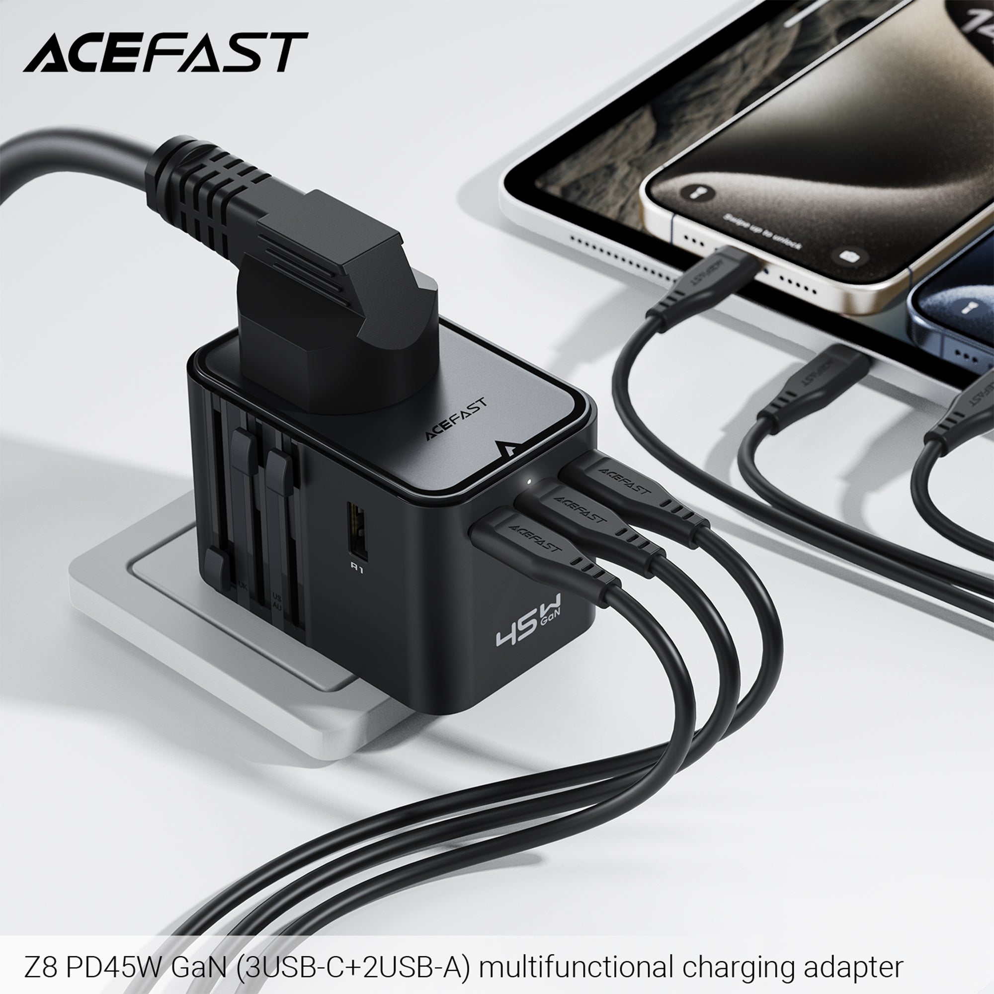 ACEFAST Z8 PD45W GaN (3USB-C+2USB-A) Multifunctional Charging Adapter